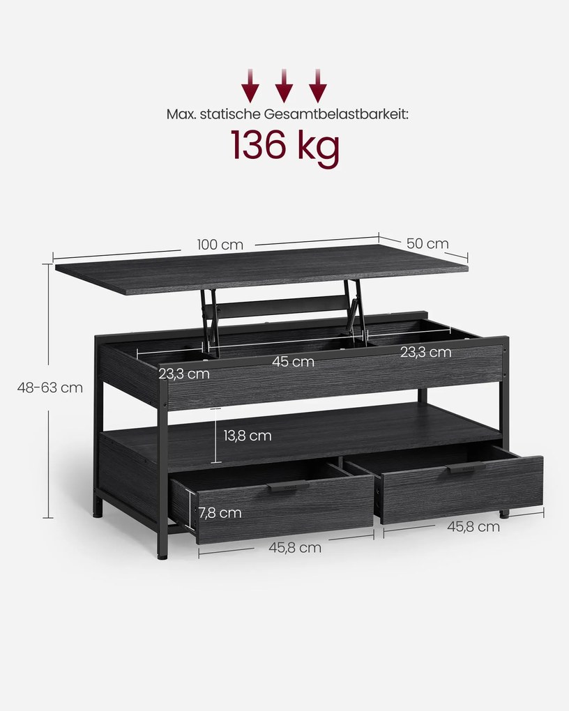 VASAGLE dohányzóasztal, magasságában állítható, 50×100 cm, antracitszürke–tintafekete
