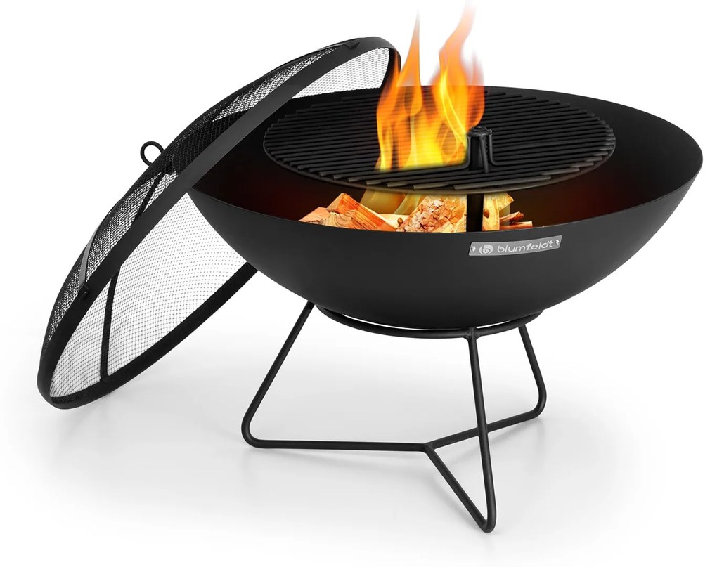 Blumfeldt Orbit, 3 az 1-ben acél tűzrakóhely, Ø 60 cm, 40 cm grill, asztal, fekete