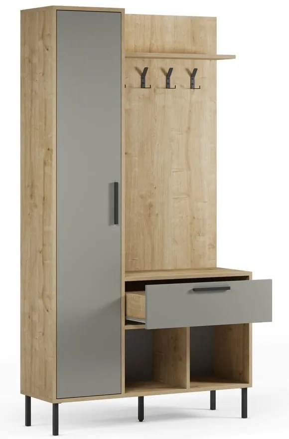 Zöld-natúr színű előszoba bútor tölgyfa dekorral 108x195x35 cm Heidy – Marckeric