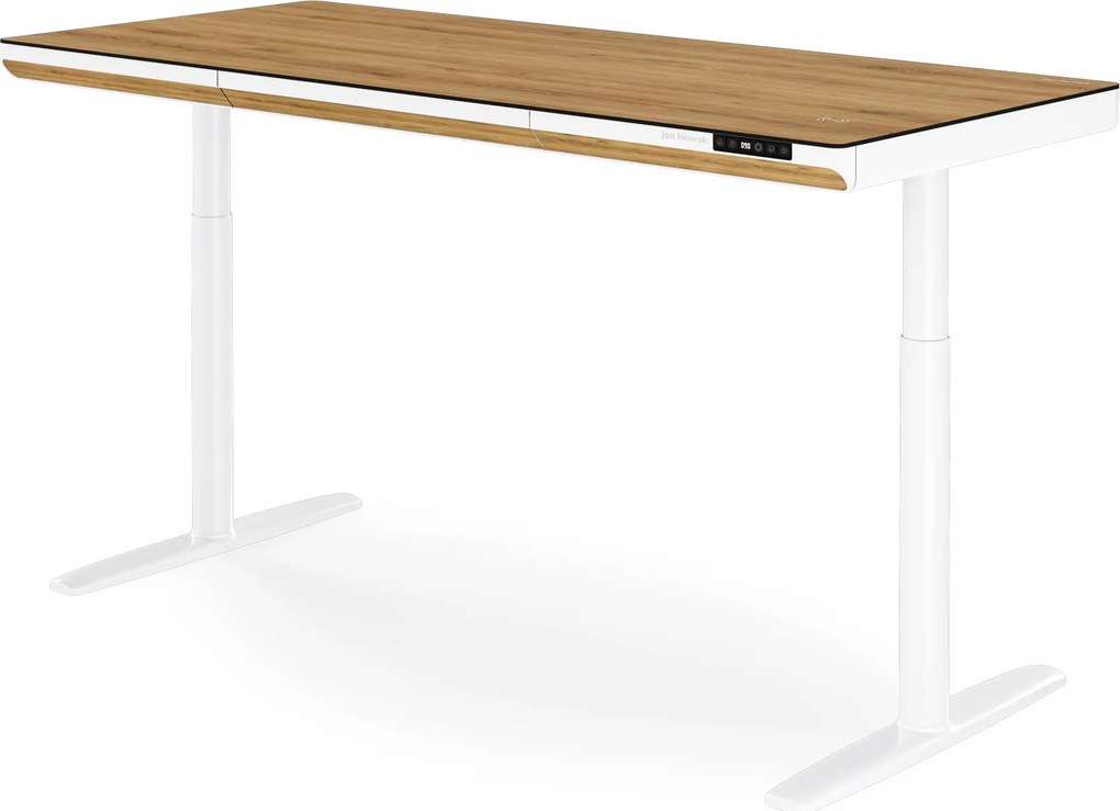 Elektromos ülő-álló íróasztal fiókkal és Qi vezeték nélküli töltővel fehér/aranytölgy, 1600 mm: ELLIS