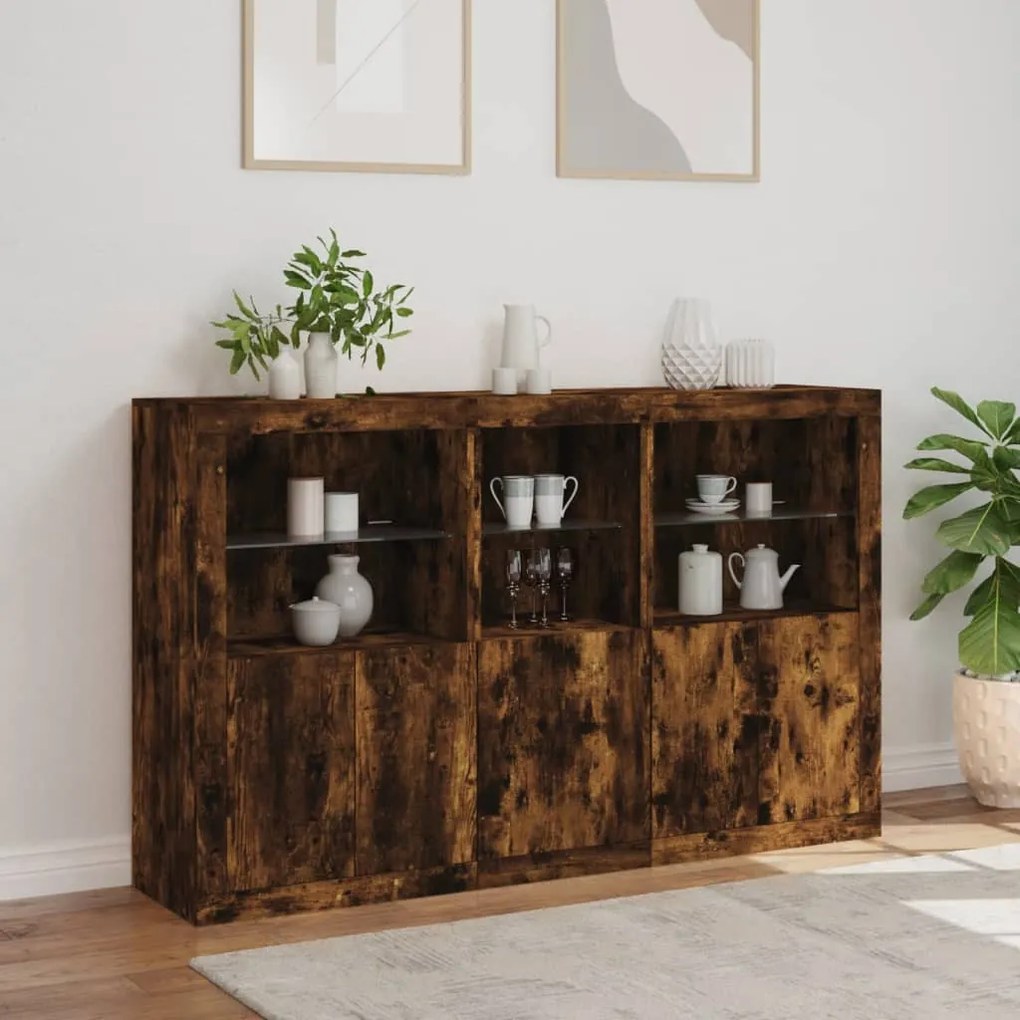 füstös tölgy színű tálalószekrény LED-ekkel 162 x 37 x 100 cm