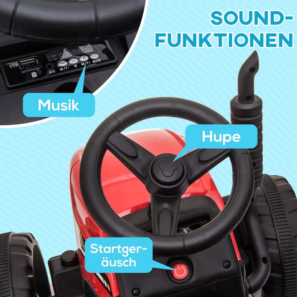 HOMCOM Elektromos gyerekautó, gyerek traktor, szülői távirányítóval, max. 6 km/h sebesség; piros-fekete
