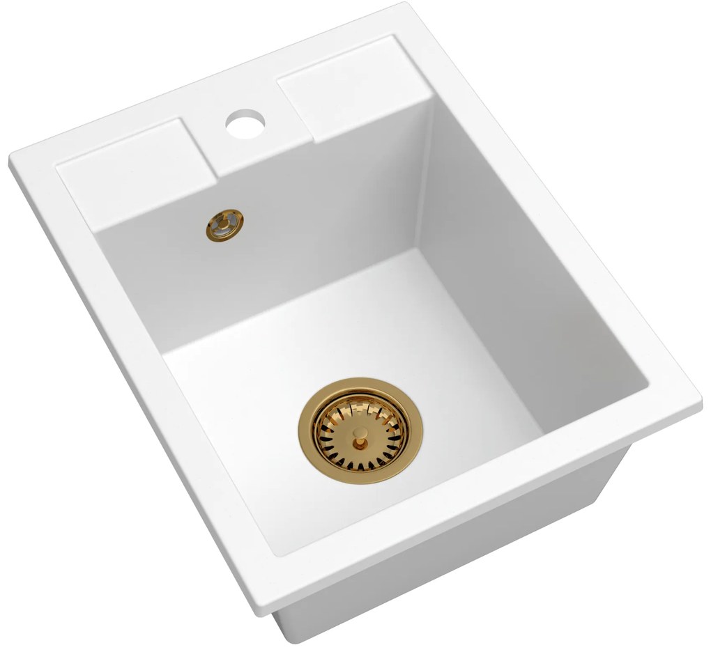 SINK Quality Mosogató Quality Ferrum 40, konyhai gránit mosogató 400x500x195 mm + arany szifon, fehér, SKQ-FER.W.1K40.XG