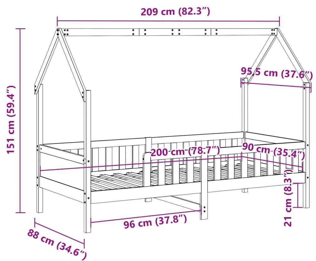 fehér tömör fenyőfa házikó gyerekágykeret 90 x 200 cm