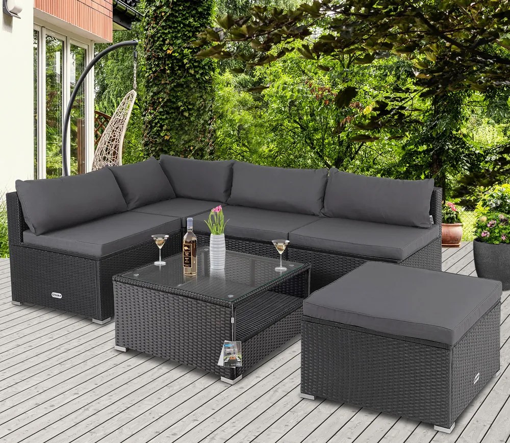 Casaria® Kerti rattan szett Rouen - fekete/antracit párnák