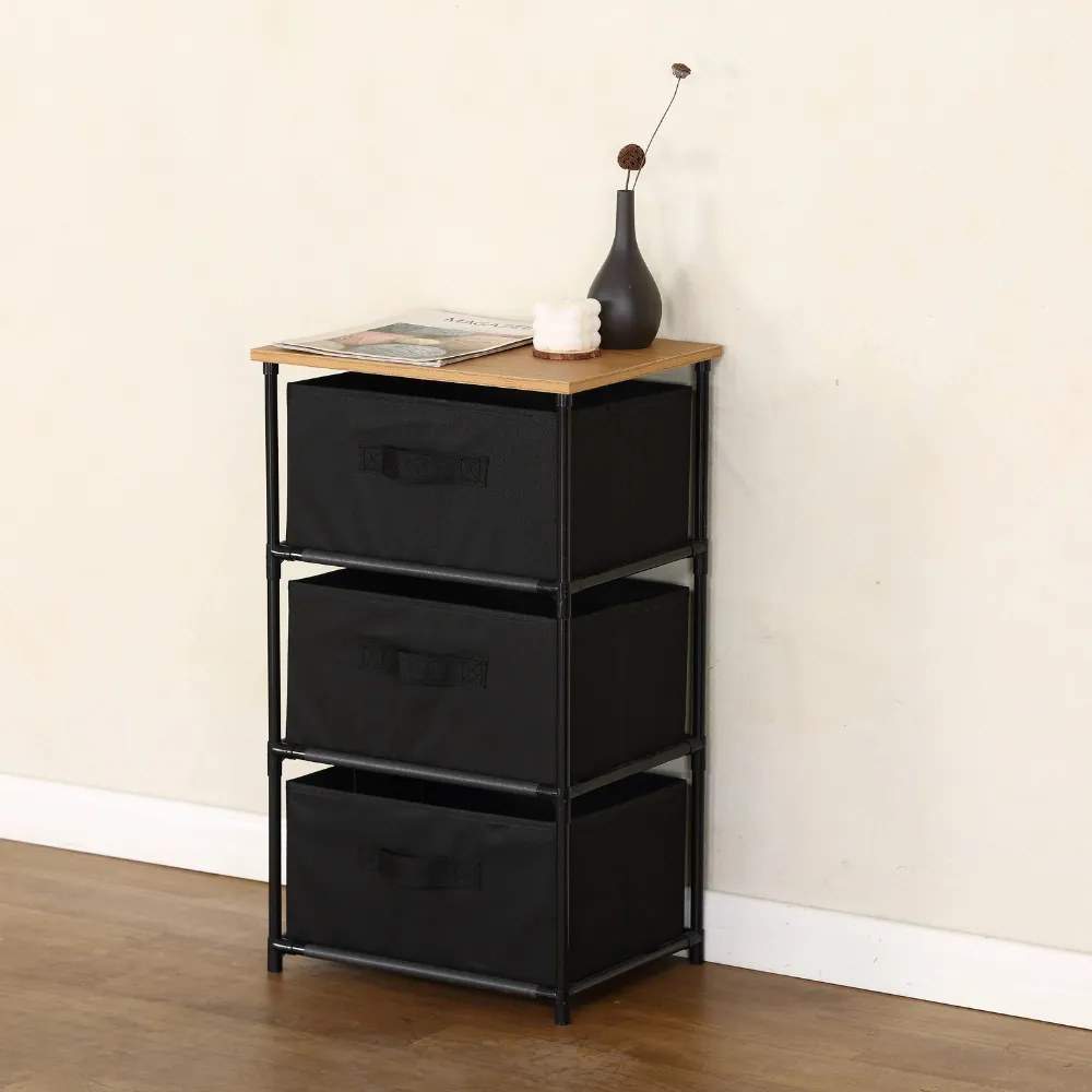 Intenso Home komód 3db szövet fiókkal 40x68cm | Fekete - arany tölgy vászonfiókos tároló