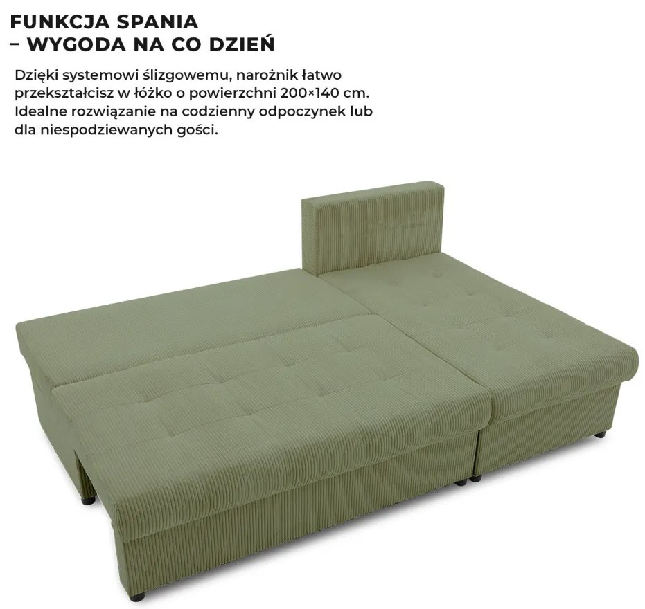 Venezia sarokkanapé, kordbársony, univerzális oldal, bonell töltet, zöld