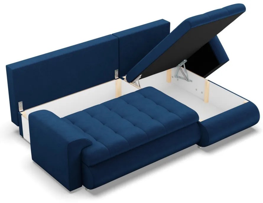 Tokio sarokkanapé, 2 ágyneműtartóval, bársony, jobboldali, kék