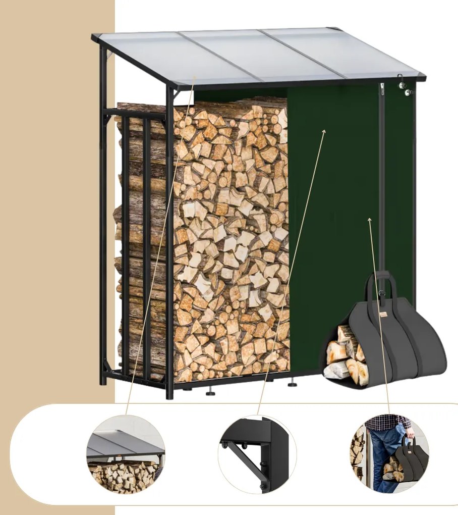 Gardebruk CORINA tüzifaház, 198x163x70cm, antracit/zöld