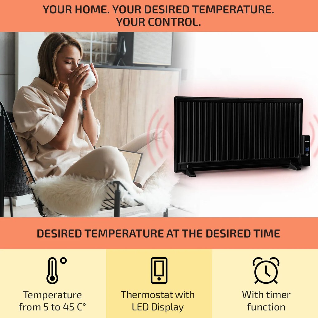 Wallander, olajradiátor, 1000 W, termosztát, olajfűtés, lapos design, fekete