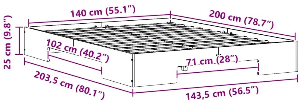 vidaXL Földi ágykeret tárolóval Fehér 140 x 200 cm Tömör fenyőfa