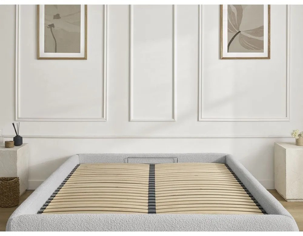 Világosszürke kárpitozott ágyneműtartós-ágytámla nélkül franciaágy ágyráccsal 180x200 cm Inera – Bobochic Paris