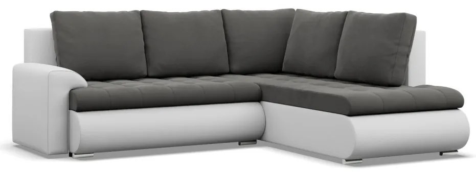 Tokio sarokkanapé, L alakú háttámlával, 2 ágyneműtartóval, bársony + műbőr, jobboldali, szürke - fehér