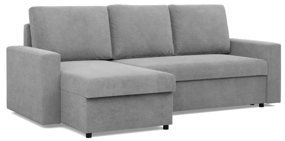 Zeus sarokkanapé, 2 ágyneműtartóval, egyenes kartámasz, kordbársony, univerzális oldal, hab töltet, szürke