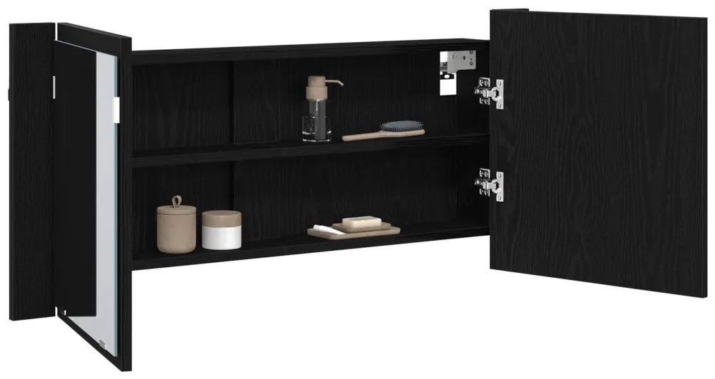 LED Tükörszekrény Fekete Tölgy 100x12x45 cm Fa