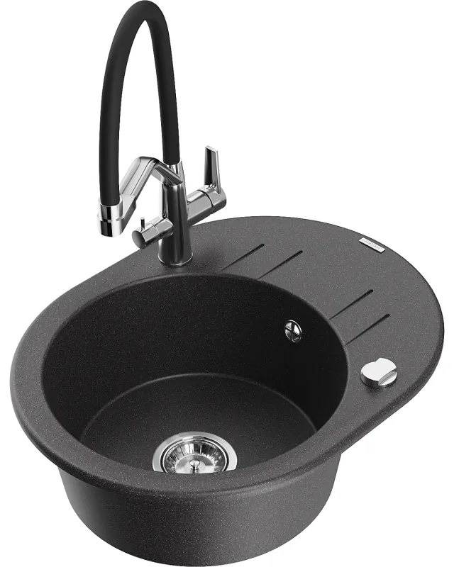 Mexen Kevin egymedencés gránit mosogató konyhai csapteleppel Duo, fekete színű pöttyös - 6517-76-671701-07