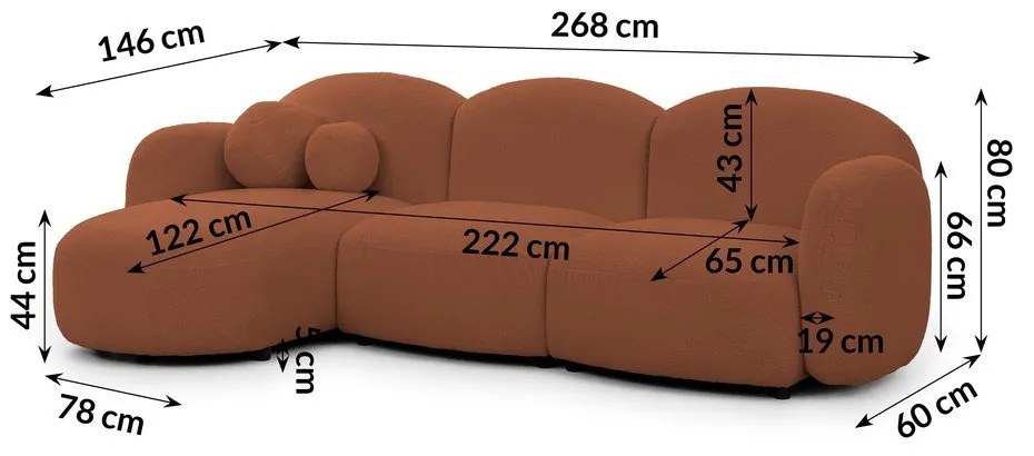 Terrakotta színű buklé sarokkanapé (bal oldali-heverő résszel) Orbit – Ropez