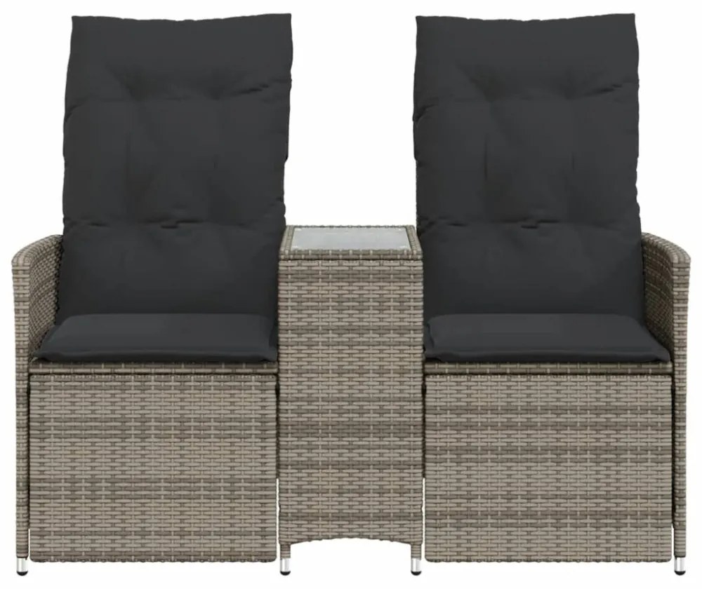 2 személyes szürke polyrattan dönthető kerti kanapé asztallal