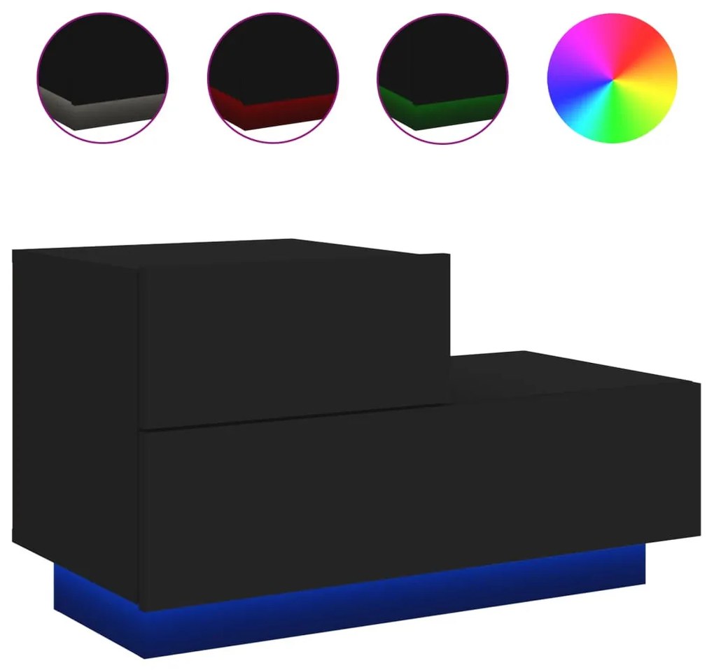 Fekete éjjeliszekrény LED-világítással 70 x 36 x 40,5 cm