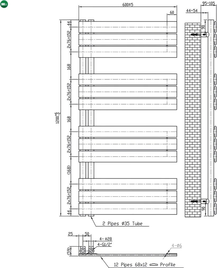 Solaro Design törölközőszárító radiátor 1200x600 mm fekete