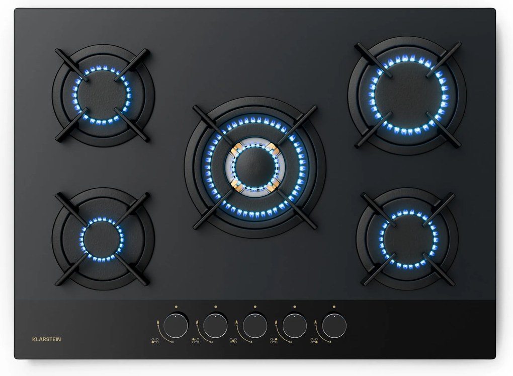 Klarstein Goldflame Nano gáz főzőlap, 5 sárgaréz égő, Nano bevonat, LPG/földgáz