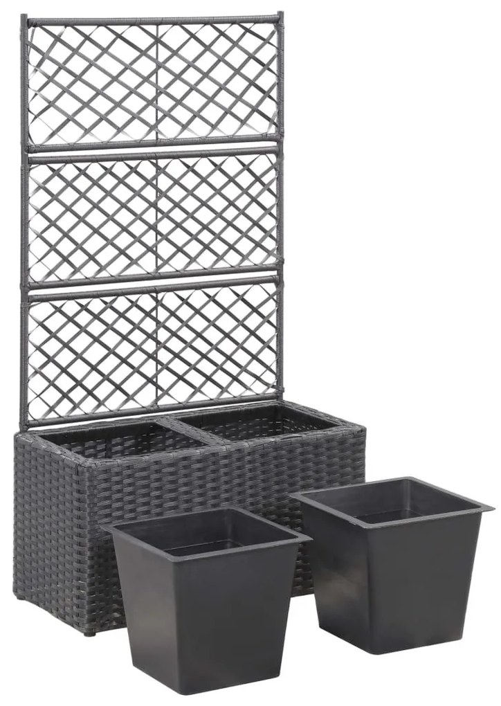 Fekete rácsos polyrattan magaságyás 2 kaspóval 58 x 30 x 107 cm