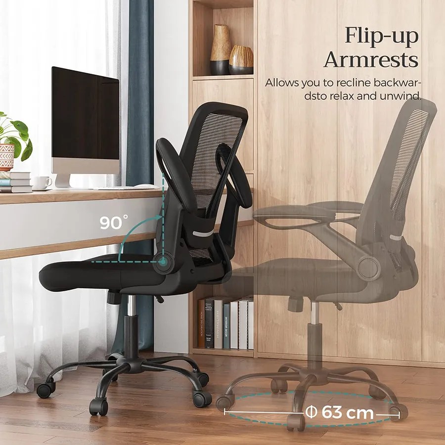 Irodai szék összecsukható karfákkal, ergonomikus számítógépes szék, fekete