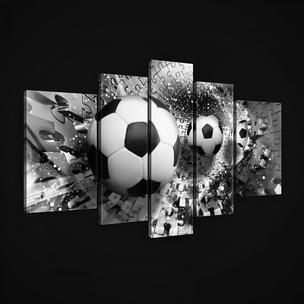 Vászonkép, 5 darabos, Focilabdák puzzle alagútban fekete-fehér 170x100 cm méretben