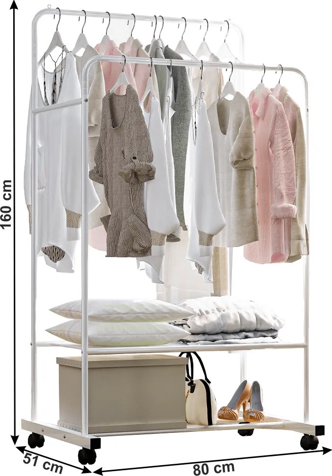 Kétsoros mozgatható akasztó, polcokkal, fehér, RAINER