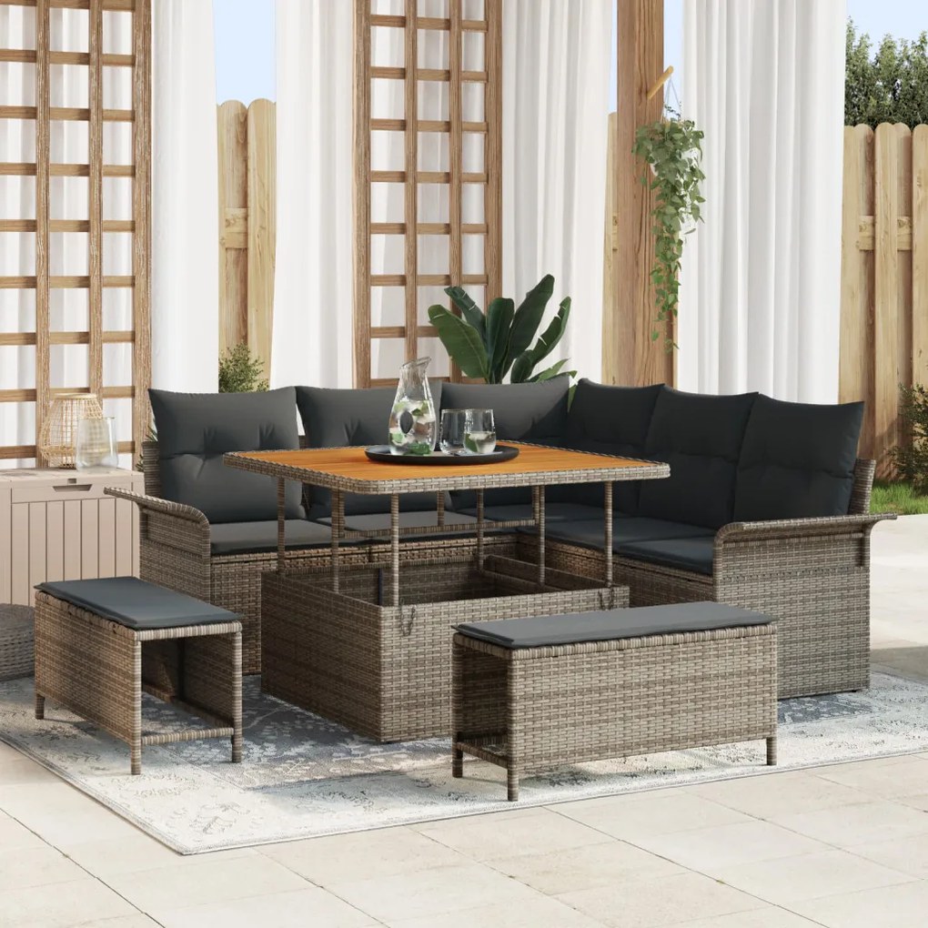 8 darabos kertibútor szett párnákkal, szürke poly rattan acacia