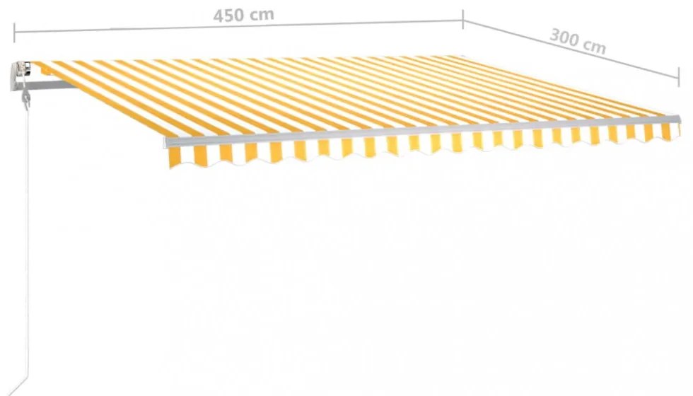 sárga és fehér kézzel kihúzható napellenző póznákkal 4,5 x 3 m