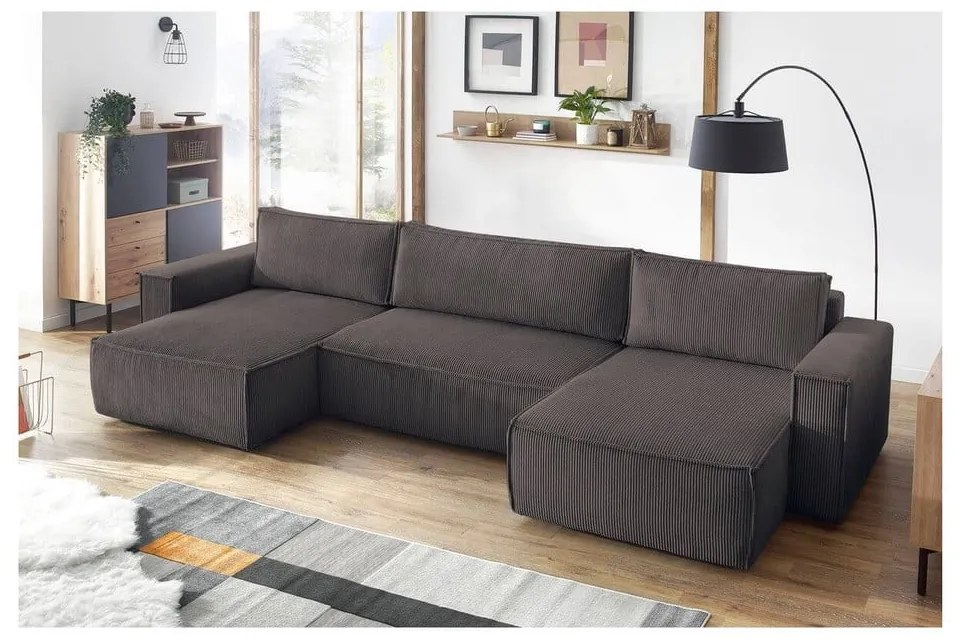 Szürkésbarna kordbársony kinyitható (U alakú) sarokkanapé Nihad – Bobochic Paris