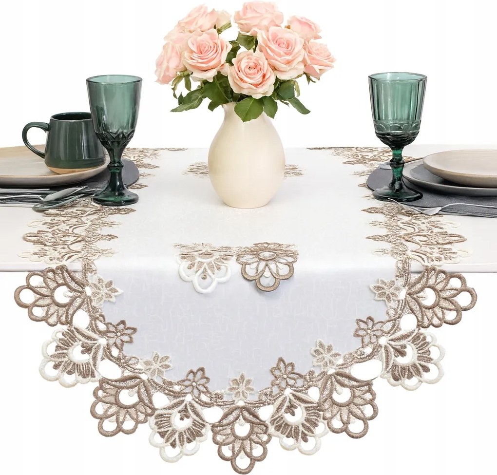 Ovális asztali futó gipiurával Fehér barna 60x120 foltálló ovális