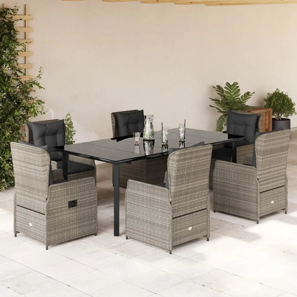 7 részes világosszürke polyrattan kerti étkezőszett párnával
