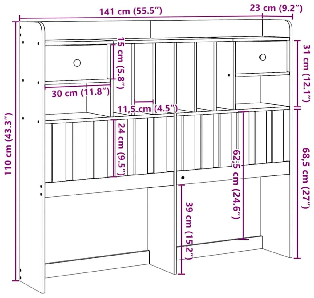 fehér tömör fenyőfa fejtámla tárolóval 135 cm