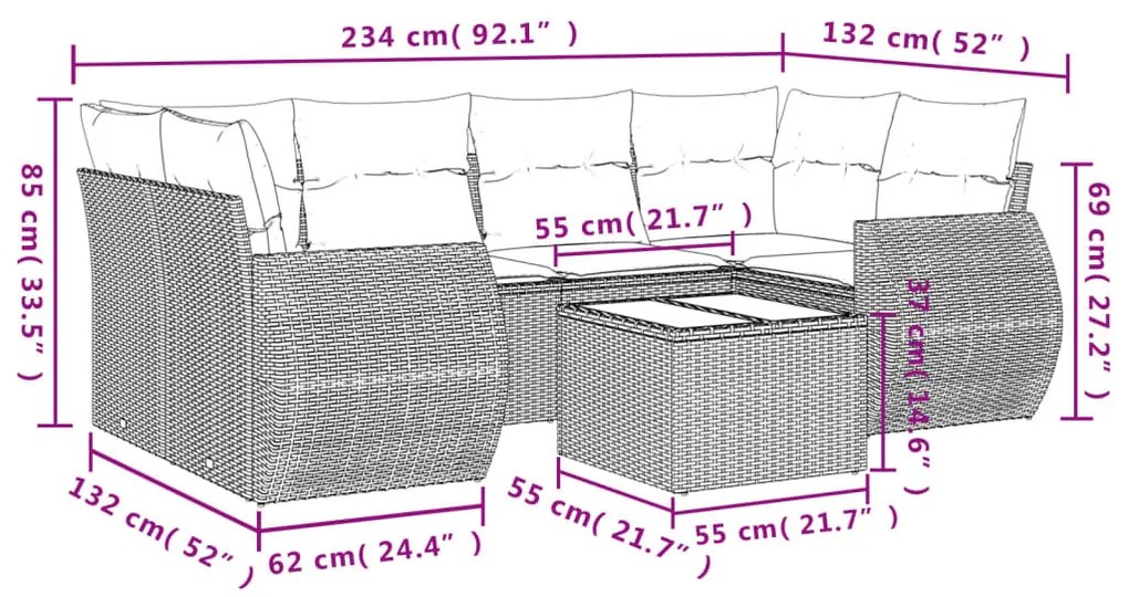 7 részes barna polyrattan kerti ülőgarnitúra párnákkal