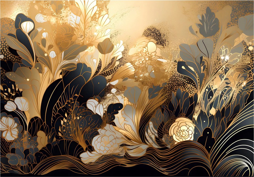 Flizelin fotótapéta Arany virágok fekete alapon Elegancia 300x210 +ragasztó
