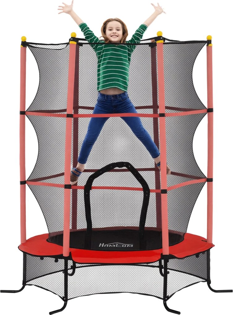 HOMCOM Gyerek Trampolin Ø163 cm, Trampolin Védőhálóval, Szegély Borítással, Kerti Trampolin 3-10 éves gyerekeknek, max. 50 kg terhelhetőség, Piros | A