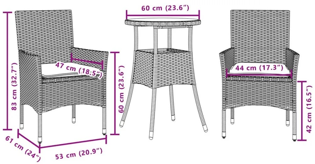 vidaXL 3 részes bézs polyrattan/üveg kerti étkezőgarnitúra párnákkal