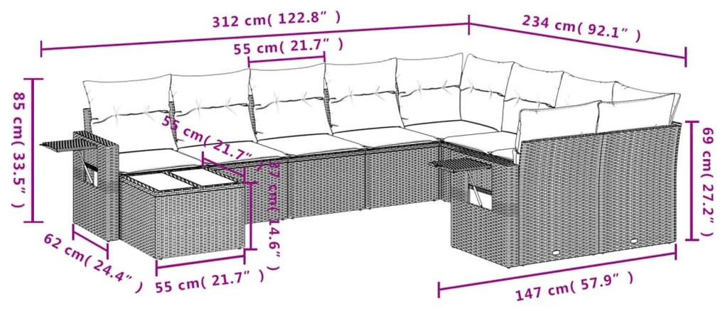 10 részes fekete polyrattan kerti ülőgarnitúra párnákkal