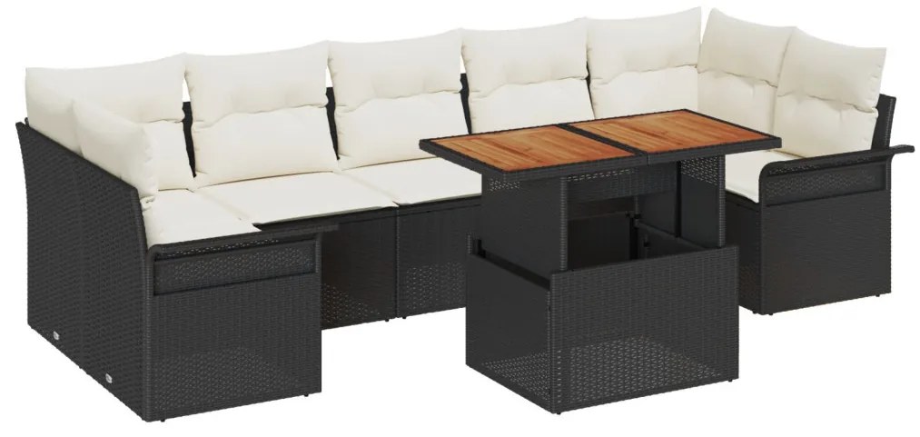 8 Részes Kerti Sofa Szett Párnákkal Fekete Poli Rattan, 2-Személyes Kerti Sofa Tárolóval &amp; Párnákkal Fekete Poli Rattan