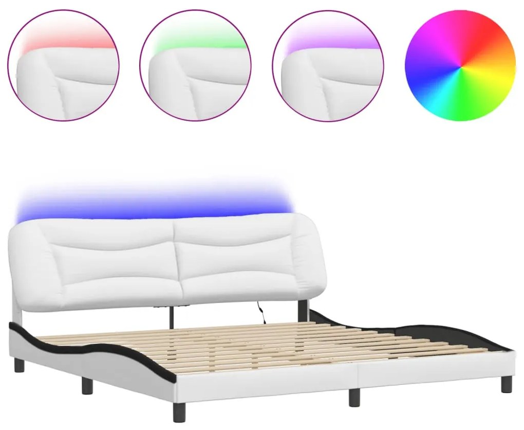 fehér és fekete műbőr ágykeret LED-világítással 200x200 cm