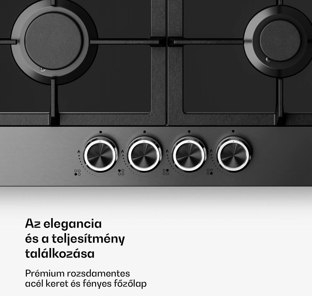 Klarstein Verosteel gázfőzőlap, 4 égős, elektromos gyújtás, földgázzal és LPG-vel kompatibilis, 8000 W, 60cm