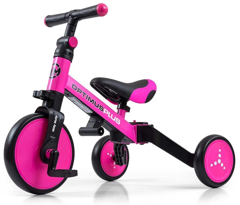Gyerek háromkerekű bicikli 4az1-ben Milly Mally Optimus Plus tolókarral pink