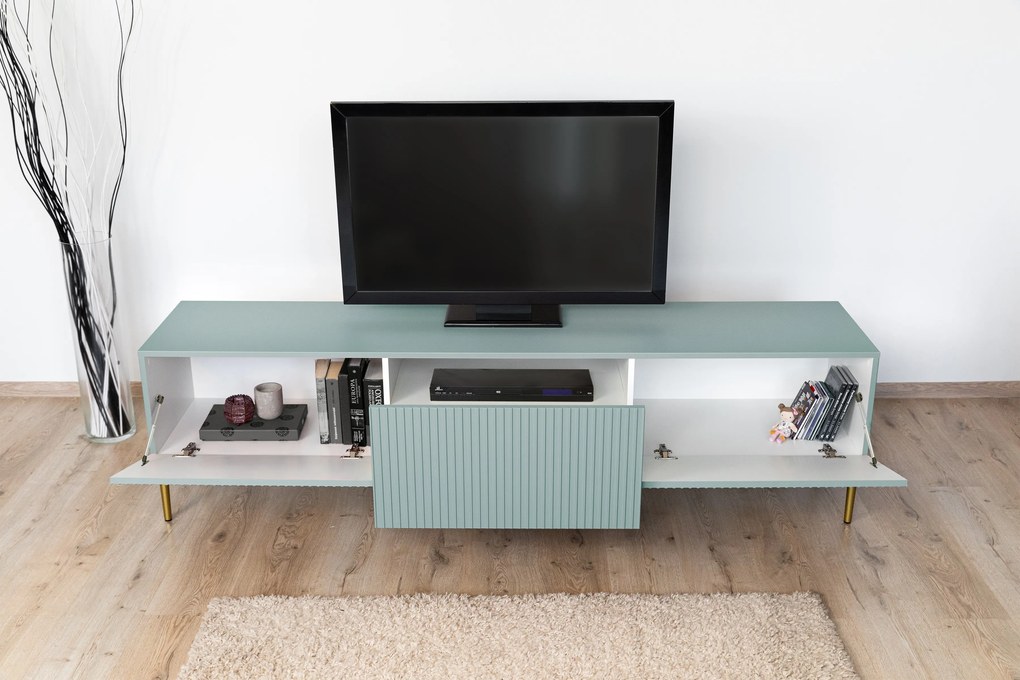 Nicole 200 cm-es TV-szekrény - zsálya MDF/ arany lábak