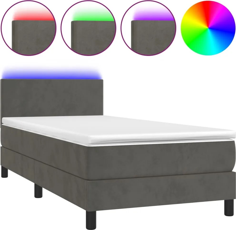 vidaXL sötétszürke bársony rugós és LED-es ágy matraccal 90x200 cm