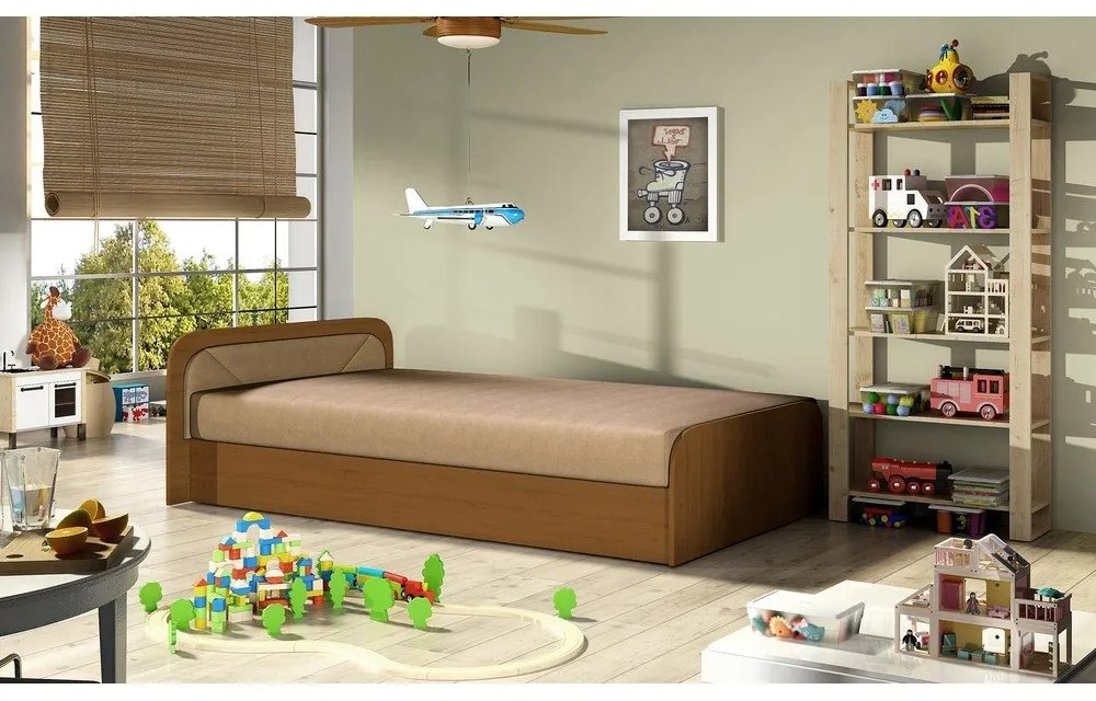 Okkersárga-bézs kárpitozott-forgácslemez ágyneműtartós egyszemélyes ágy matraccal 80x190 cm Parys – ELTAP