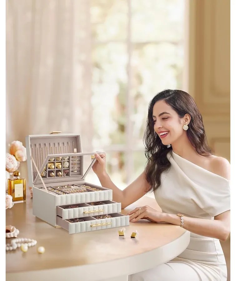 3 szintes ékszerdoboz tükörrel, ékszertartó 2 fiókkal, felhőfehér