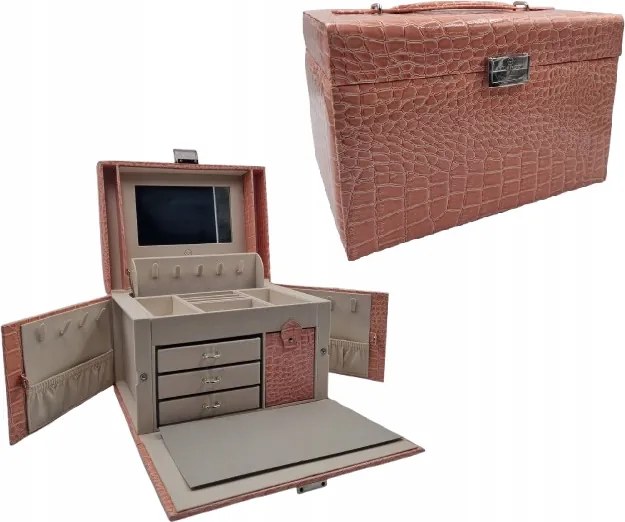 Ékszerdoboz Ékszertartó 4 Szintes Tükörrel Pu Bőr Krokodil Mintás XL