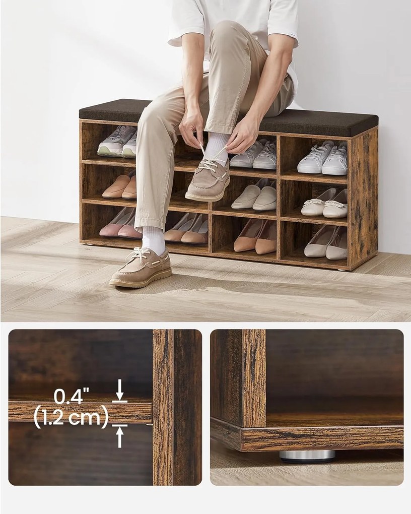 Cipőpad, tárolópad párnázott üléssel, 12 rekesszel, rusztikus barna